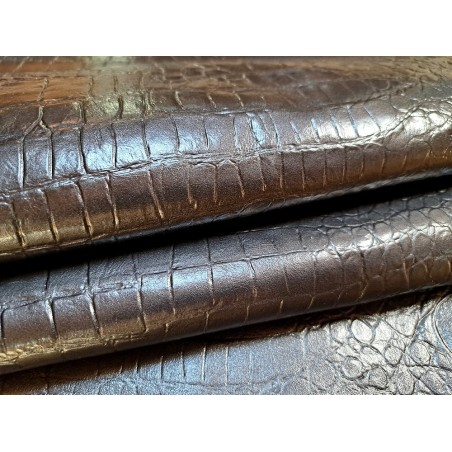 Peau de cuir de veau imprimé façon crocodile métallisée - Anthracite