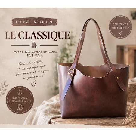 Kit sac cabas cuir DIY débutant – “Le Classique” à coudre soi-même – Kit prêt à coudre complet - Cuir en Stock