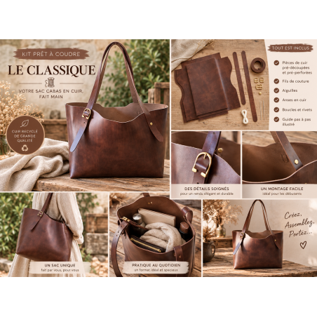 Kit sac cabas cuir DIY débutant – “Le Classique” à coudre soi-même – Kit prêt à coudre complet - Cuir en Stock