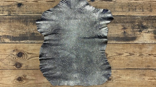 Peau de cuir de chèvre noir métallisé pailleté platine silver Cuir en stock